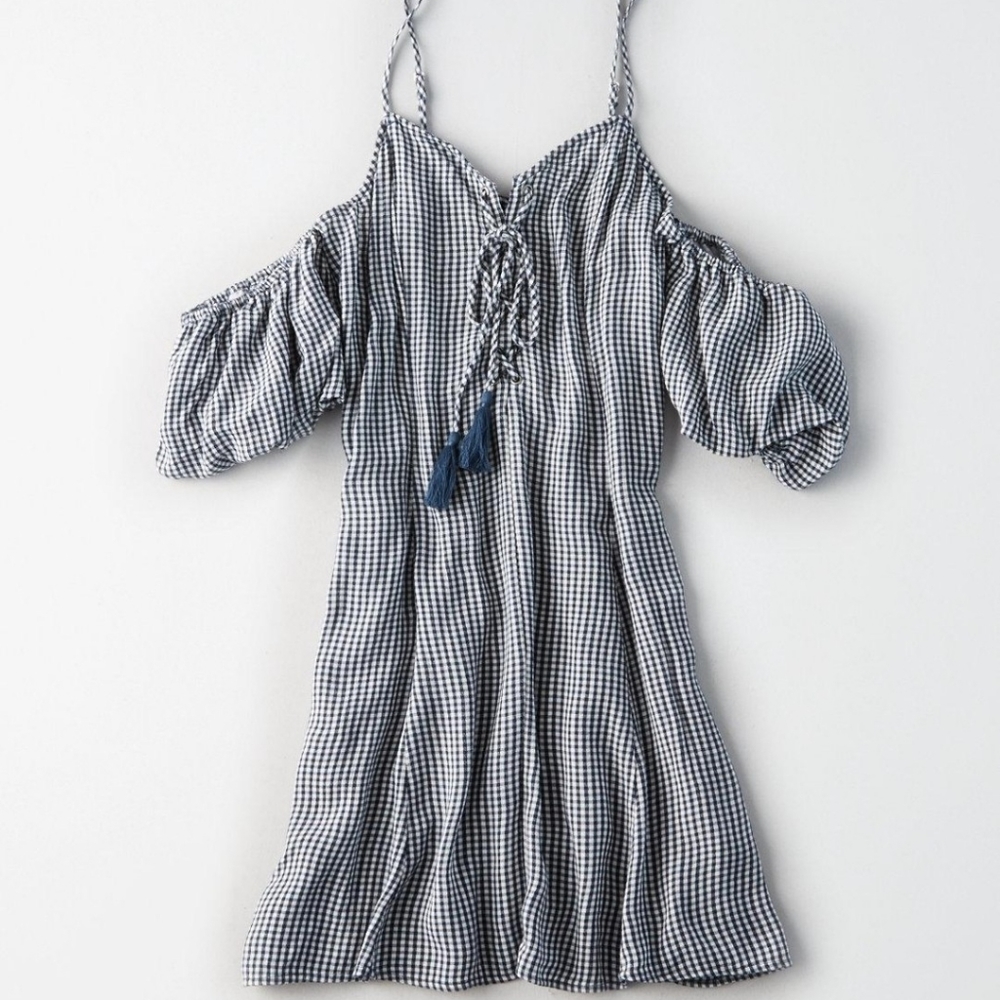 AEO Corseted Gingham Puff Sleeve Dress